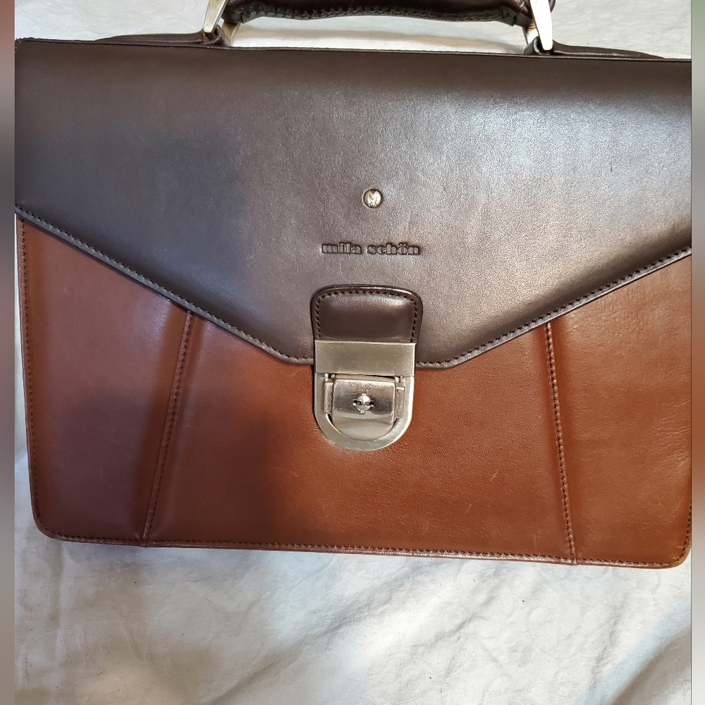 MILA SCHON - Dual Tone Sturdy Leather Satchel or Briefcase with Lock/Key. Rare!!